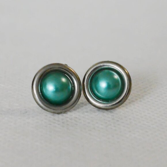 Silver and Dark Teal Stud Earrings - Picture 1 of 5
